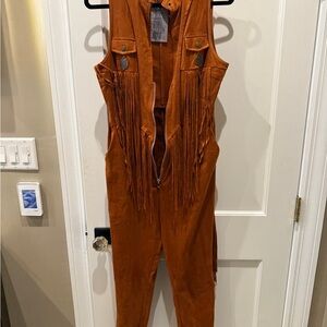 Stylish Tan Jumpsuit with Fringe Details